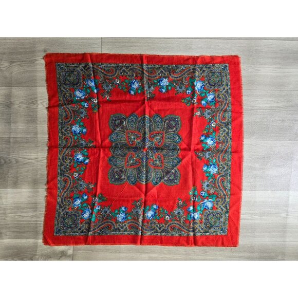 Vintage Square Red Scarf With Blue Floral Paisley Print & Frayed Edges 30" X 30" - Picture 1 of 4